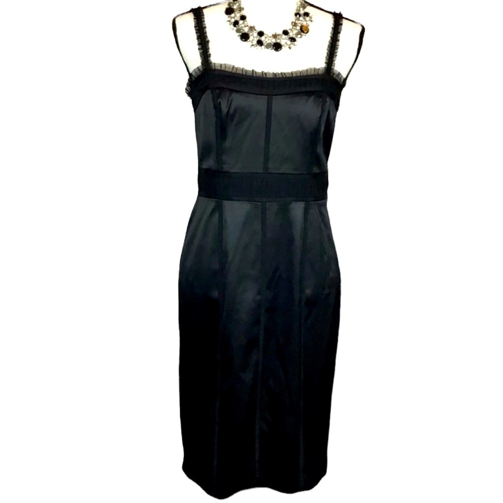 Feelin Black Satin With Mini Mesh Ruffles Pencil Dress Size 6